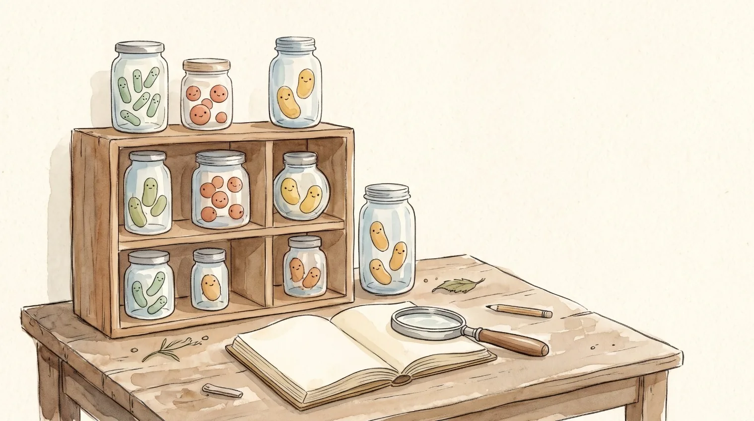 Watercolour drawing of a wooden shelf on a table with jars, each holding small bacteria with faces: green rods, red balls and yellow bean shapes. In front of the shelf lie an open notebook, a magnifying glass and a pencil.