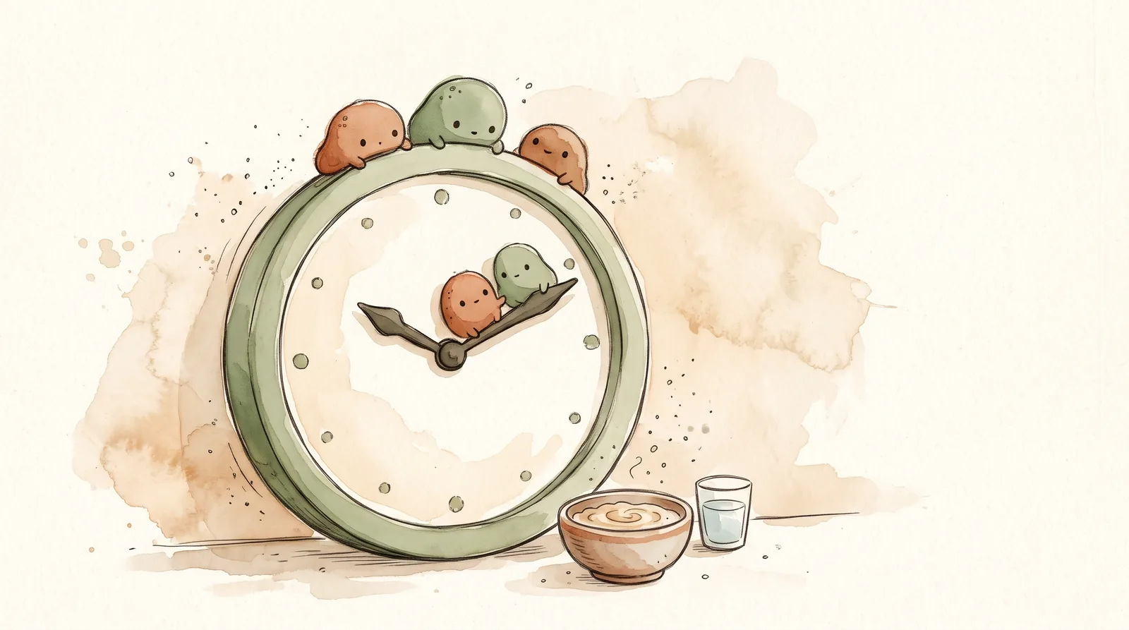 Watercolour drawing of a large, round clock standing on a table. Small, round bacteria sit on the rim of the clock and on its hands, and at its foot stand a bowl of porridge and a glass of water.