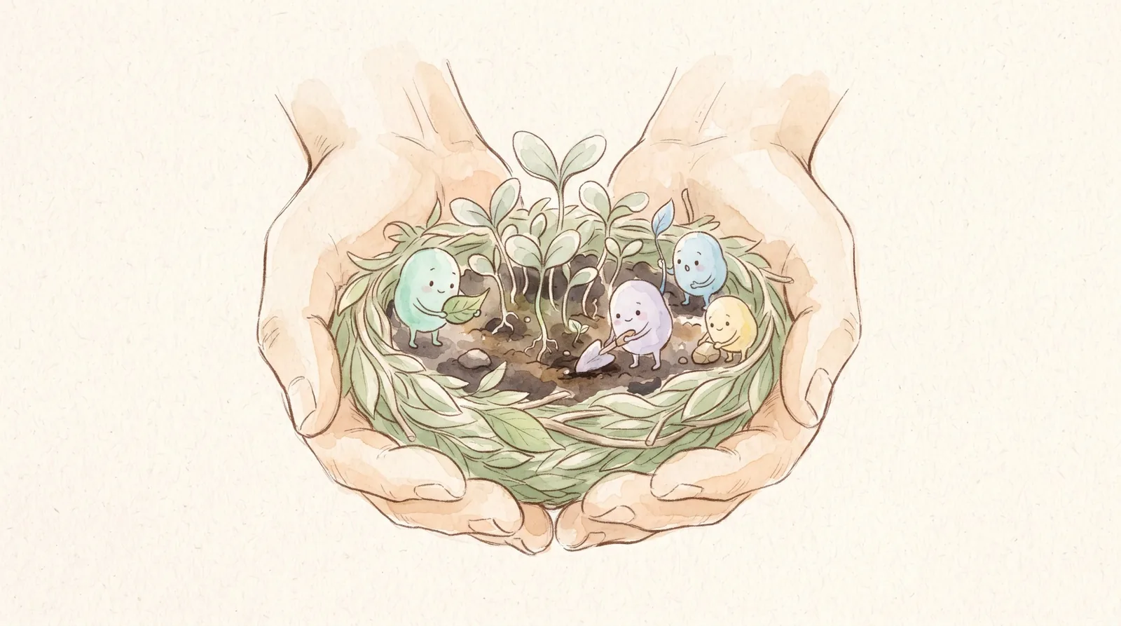 Watercolour drawing of a small dropper bottle and a stack of chewable tablets on a kitchen counter, where small, round bacteria play between building bricks and a toddler cup.