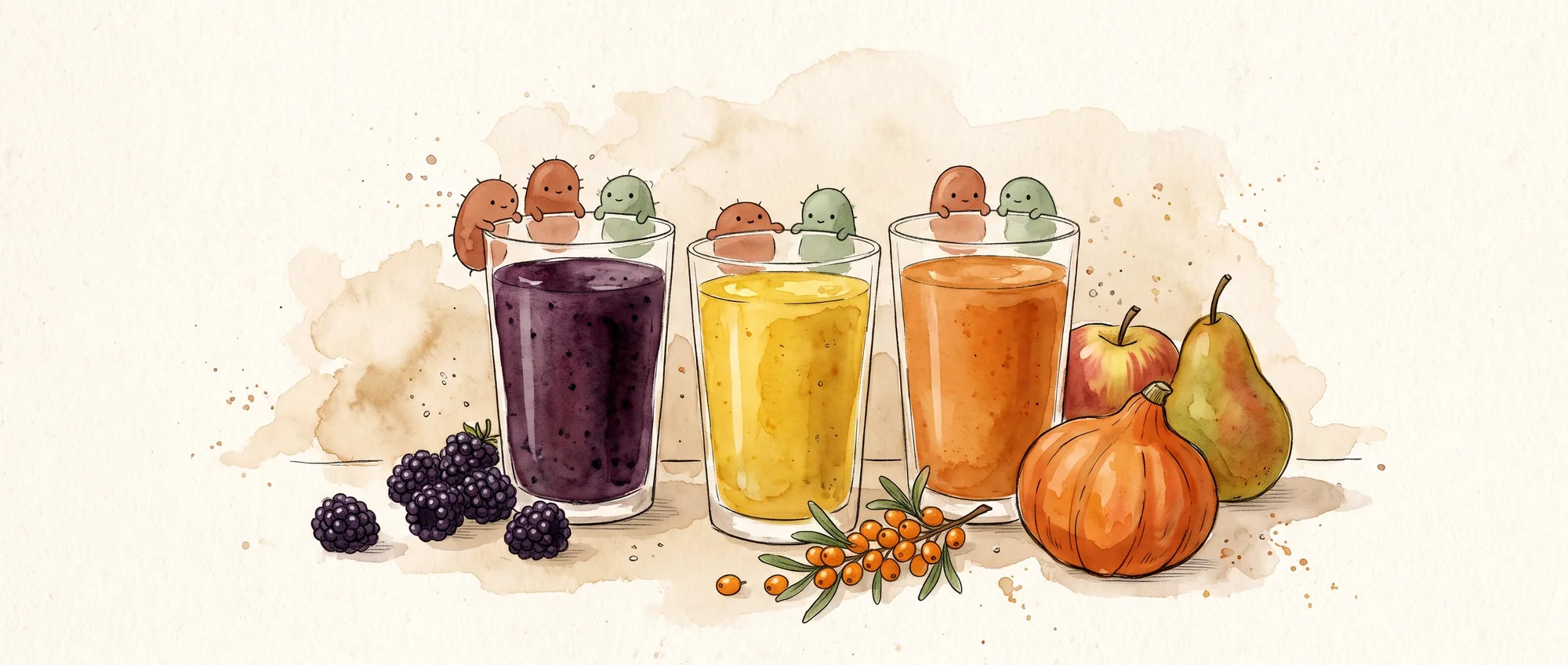 Akvareltegning af tre glas smoothie i mørkelilla, gul og orange med brombær, en gren med havtorn, en hokkaido, et æble og en pære foran. Små, runde bakterier sidder på kanten af glassene.