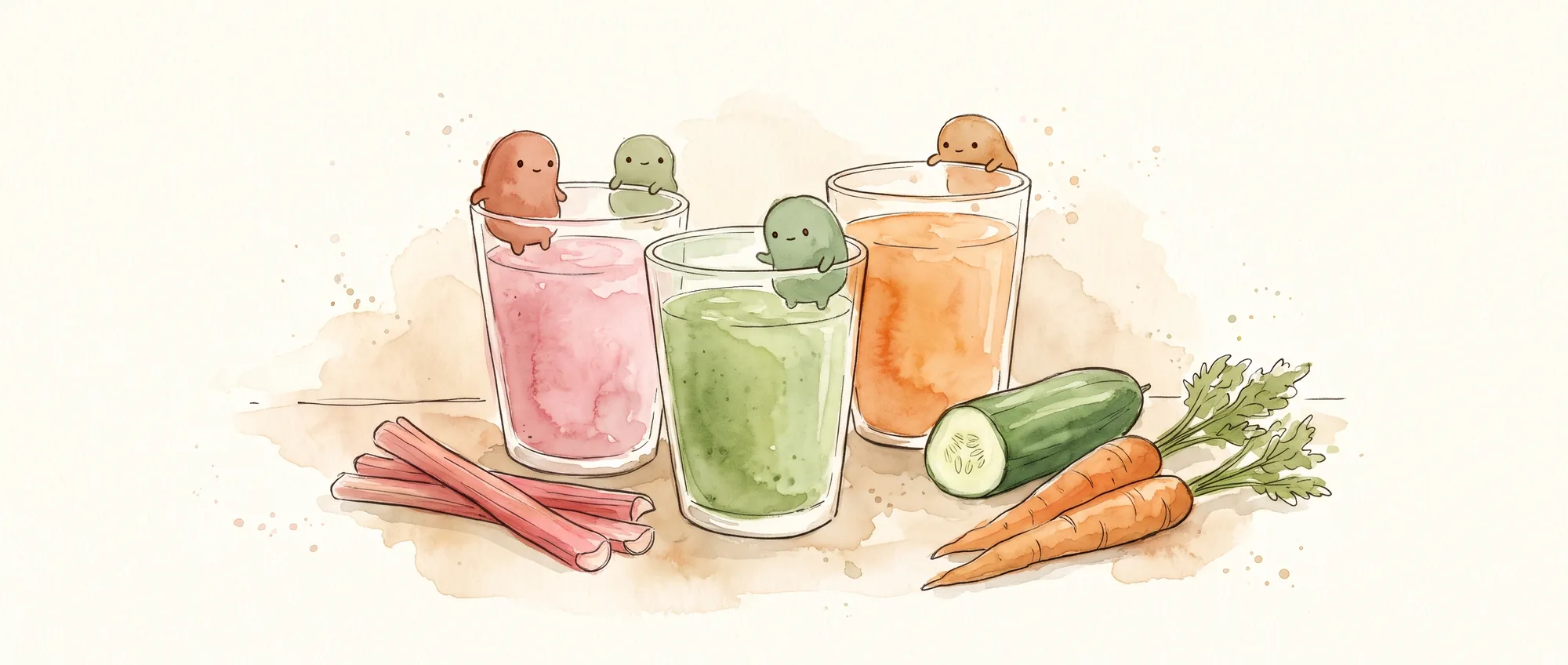 Watercolour drawing of three glasses of smoothie in pink, green and orange next to rhubarb stalks, a cucumber and carrots, while small, round bacteria peek over the rims of the glasses.