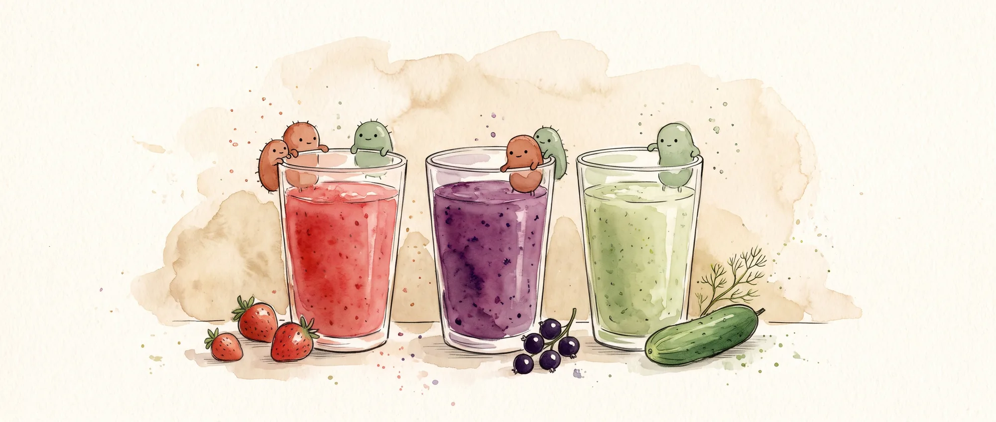 Akvareltegning af tre glas smoothie i rød, lilla og lysegrøn ved siden af jordbær, en klase solbær og en agurk med dild, mens små, runde bakterier sidder på kanten af glassene.