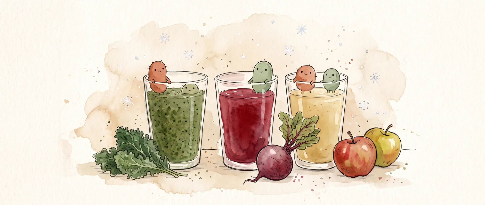 Akvareltegning af tre glas smoothie i mørkegrøn, dybrød og lys gylden med grønkål, en rødbede og to æbler foran. Små snefnug svæver i luften, og små, runde bakterier sidder på kanten af glassene.